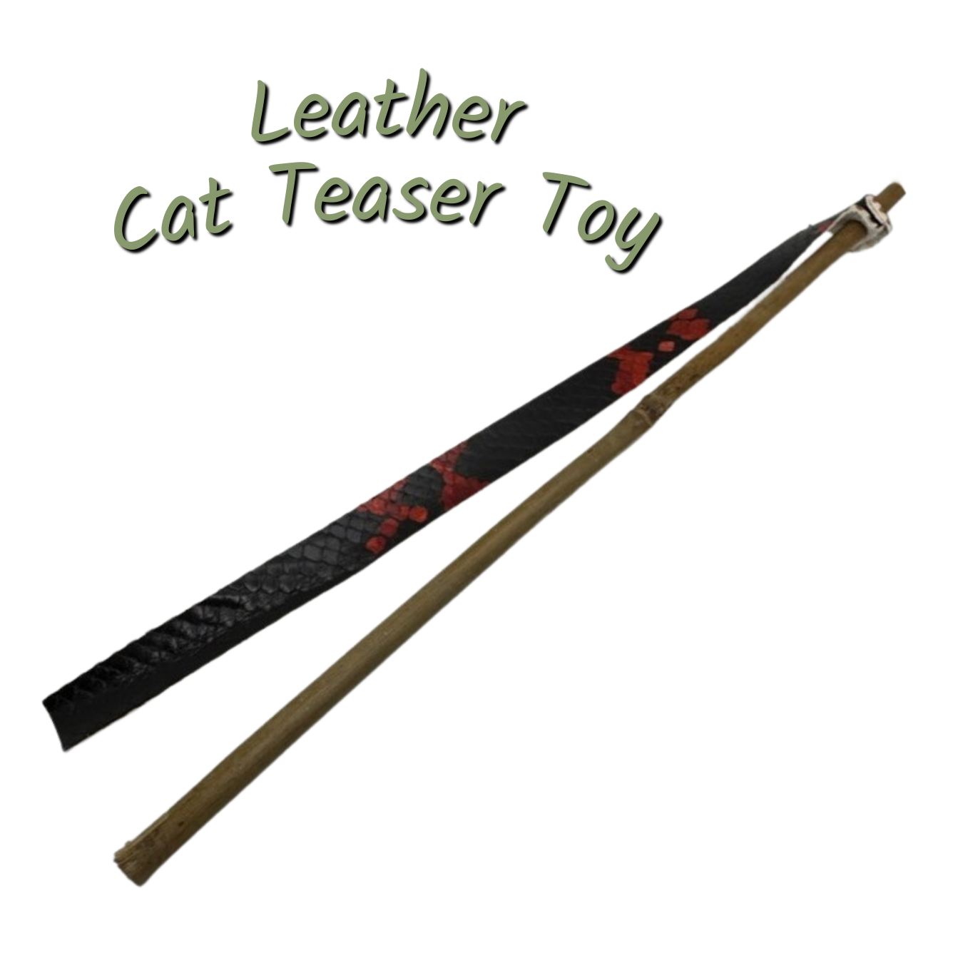 Natural Leather Cat Teaser Toy - Red & Black Design, Bamboo Wand with Recycled Leather, Handmade, Eco-Friendly, Safe for Cats