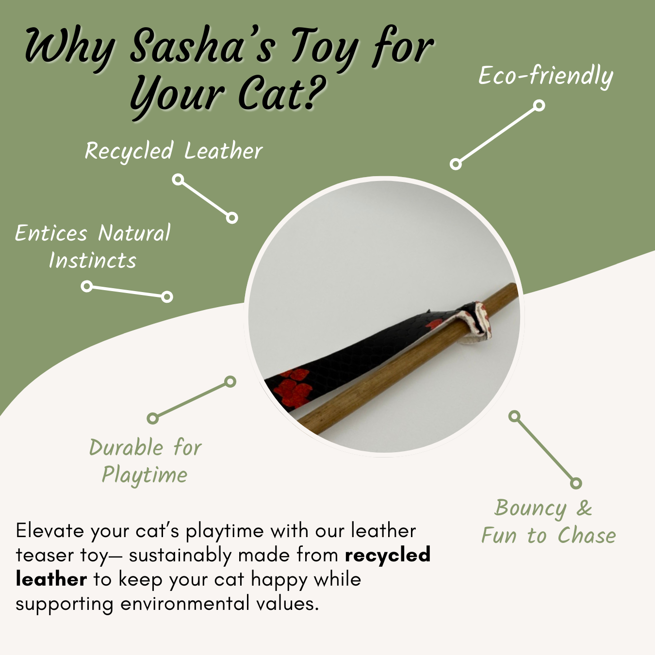 Natural Leather Cat Teaser Toy - Red & Black Design, Bamboo Wand with Recycled Leather, Handmade, Eco-Friendly, Safe for Cats