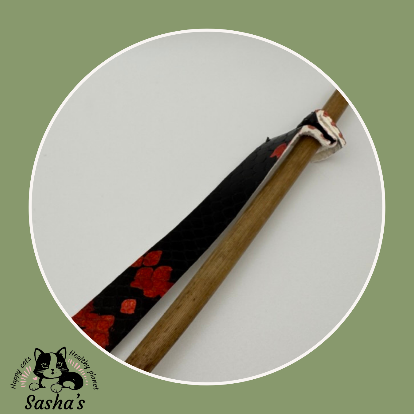 Natural Leather Cat Teaser Toy - Red & Black Design, Bamboo Wand with Recycled Leather, Handmade, Eco-Friendly, Safe for Cats